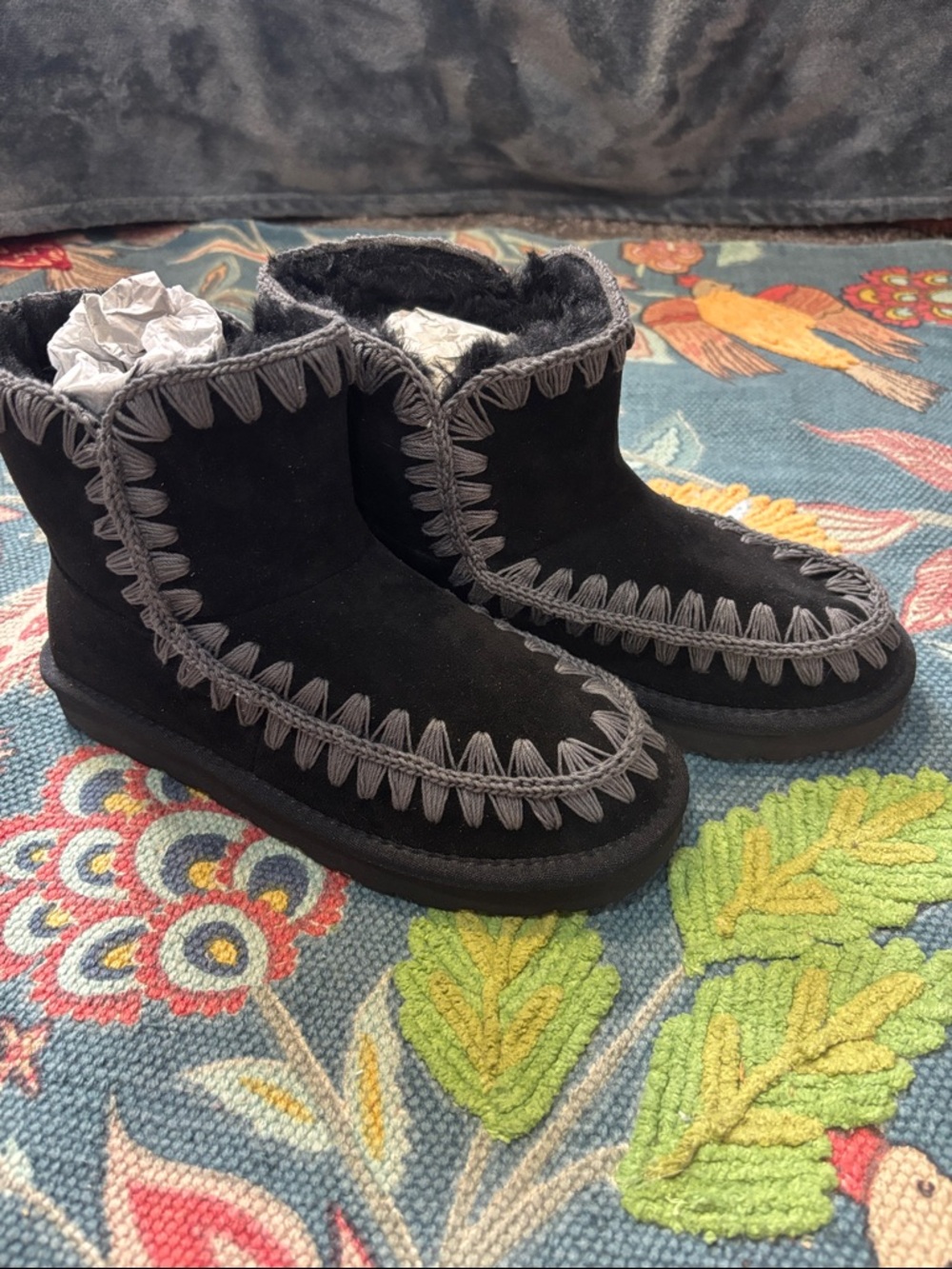 Cozy Women's Black Ankle Booties with Gray Stitch Trim